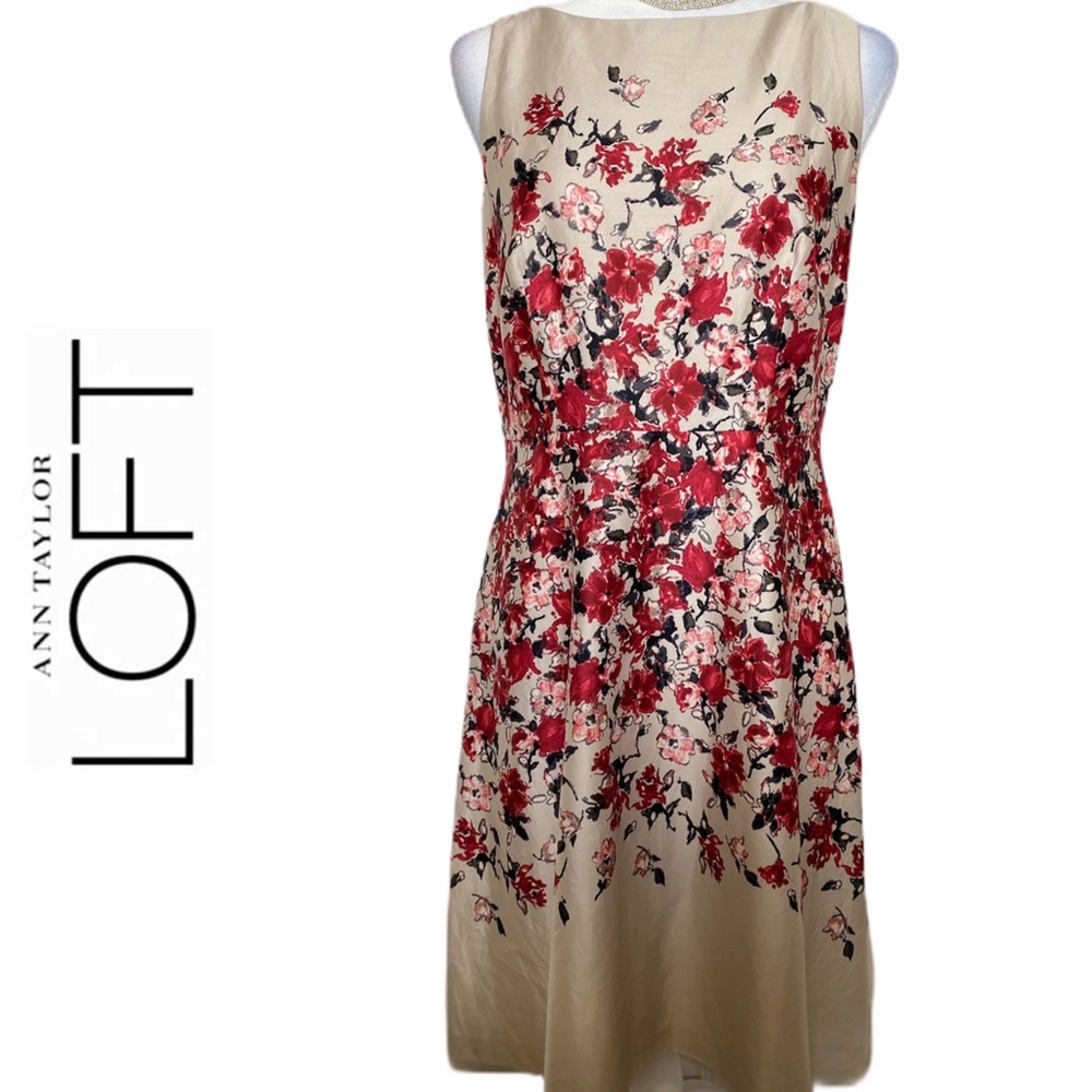 Ann Taylor LOFT Beige Red Floral A-Line Dress